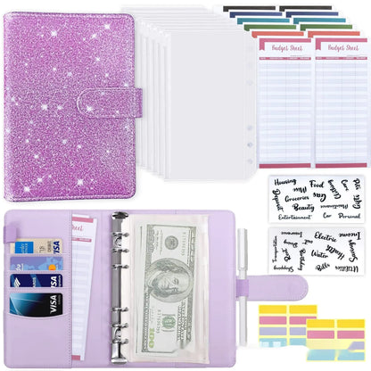 A6 Starlight Budget Binder –  PU Notebook with Envelopes, Budget Sheets & Stickers