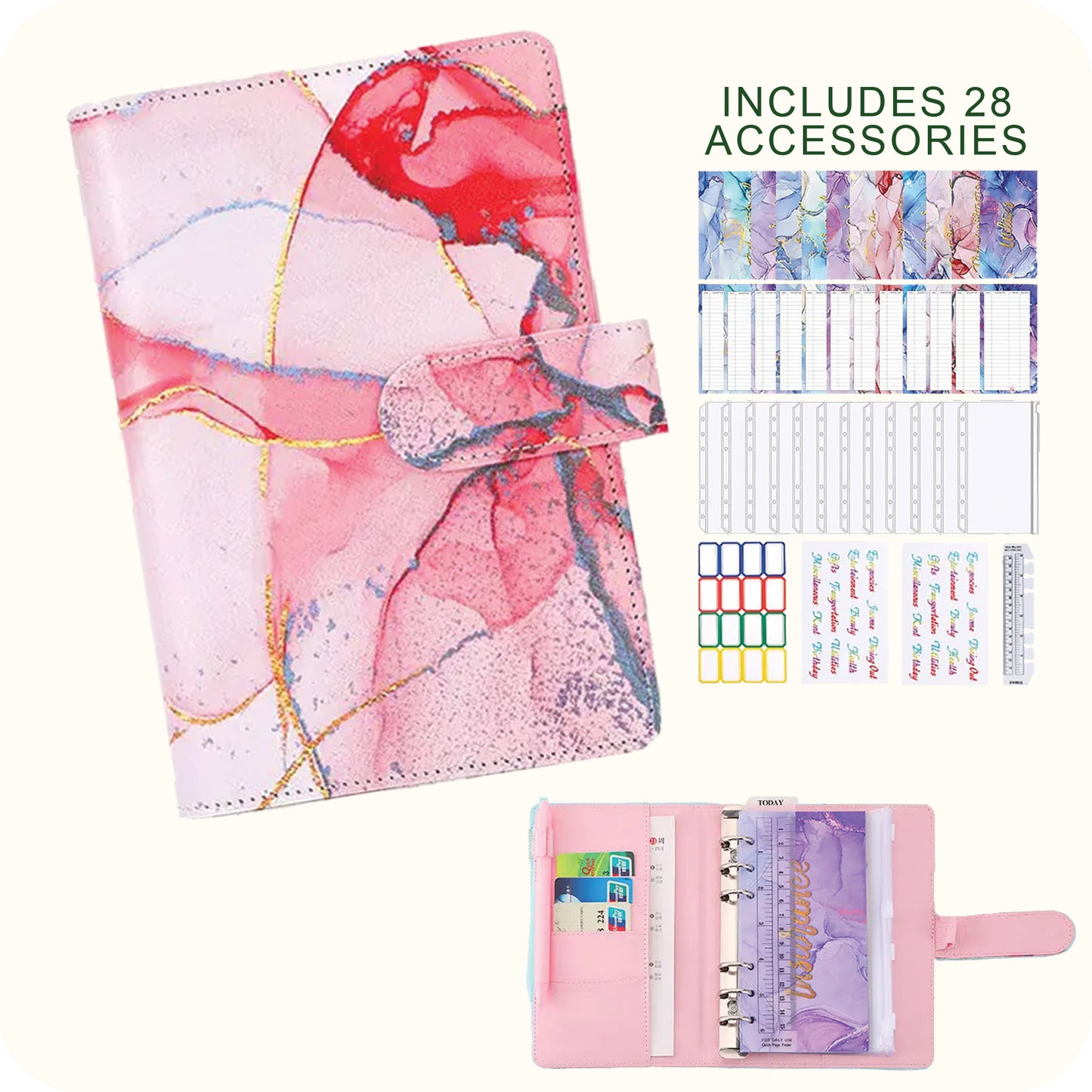 A6 Marble Budget Binder – Faux Leather Notebook with Cash Envelopes & Card Holder