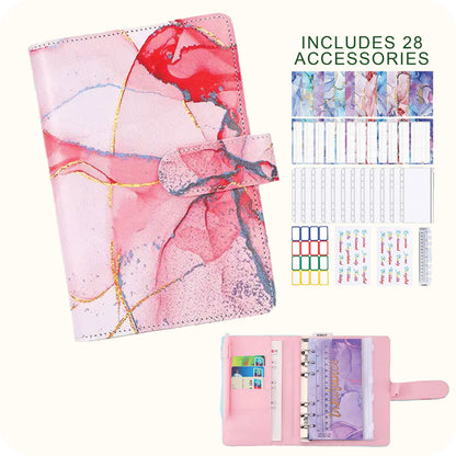 A6 Marble Budget Binder – Faux Leather Notebook with Cash Envelopes & Card Holder
