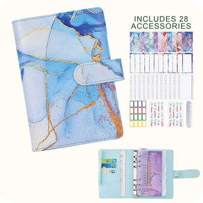 A6 Marble Budget Binder – Faux Leather Notebook with Cash Envelopes & Card Holder