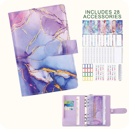 A6 Marble Budget Binder – Faux Leather Notebook with Cash Envelopes & Card Holder